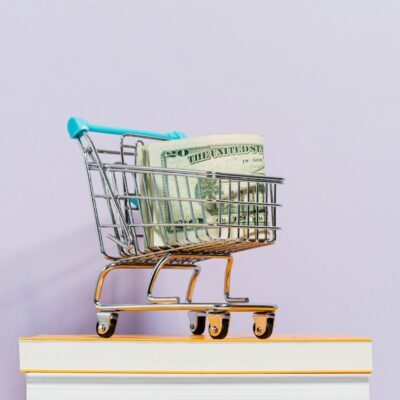 A small shopping cart with dollar bills placed on a stack of books, symbolizing financial literacy.